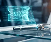 Modelo 3D de arcada com implante, em planejamento cirúrgico