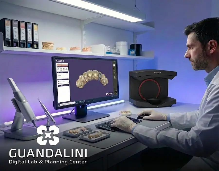 Estação digital do GD Lab com scanner, computador com Exocad e peças protéticas